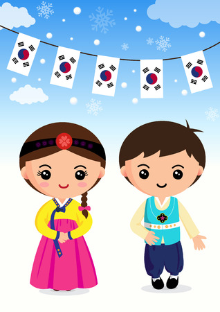 Korean traditional costume, Boys and girls, cartoon, asian