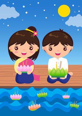 Loy Kratong Festival cartoon character thailand traditional costumeのイラスト素材