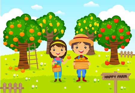 Farmers working in a farm, gardener, garden fruit, cartoon characters vectorのイラスト素材