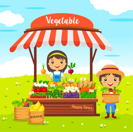 vegetables shop stall, farmers market, cartoon characters vector, Local market farmer vegetablesのイラスト素材