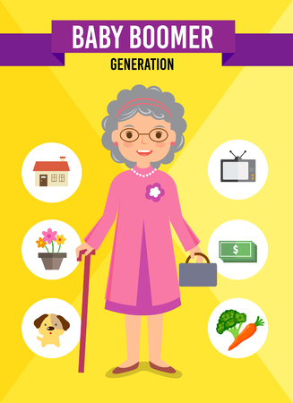 Baby Boomer Generation cartoon character, infographicのイラスト素材