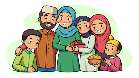 Muslim families are celebrating Eid al-Fitr by gathering together. vector illustration.のイラスト素材