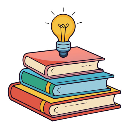 Stack of educational books with idea light bulbs and pencil vector illustration.のイラスト素材
