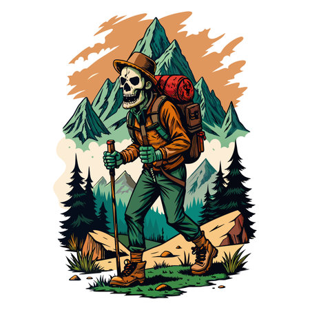 Vintage skull hiking illustrationのイラスト素材