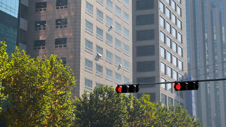 City buildings and red traffic lightsの写真素材