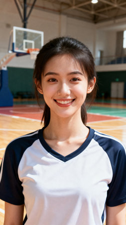 Portrait of young female basketball player smiling at camera in sports hallの素材