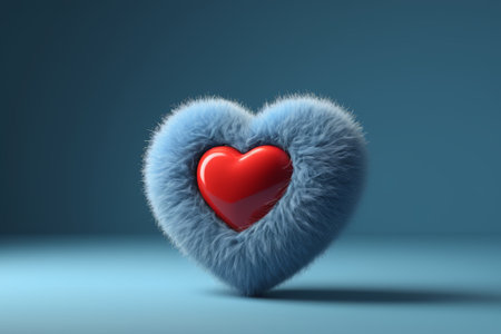 3D rendering of a heart with fluffy fur on a blue backgroundの素材