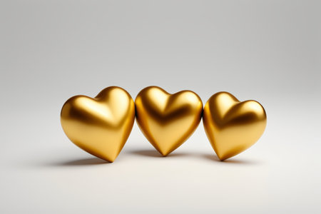 Golden hearts on white background. 3D render. Love concept.の素材