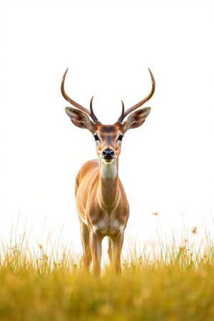 The stag stands proudly in the grassland, the shadow of the deer in the fieldの素材