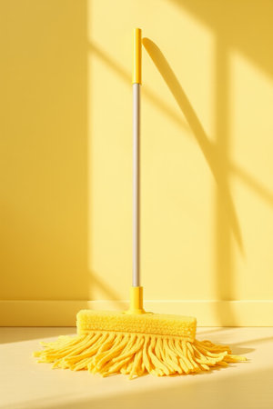 Cleaning appliances in bright colors, yellow mops in the sunの素材