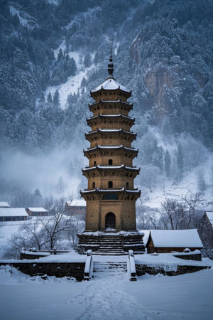 The quiet watch of the ancient tower in the snow, the thousand-year-old charm of the mountains in winterの素材