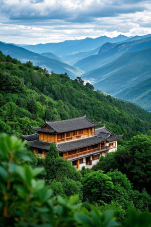 Ancient temples in the mountains shrouded in clouds and mist, tranquility among the green mountainsの素材