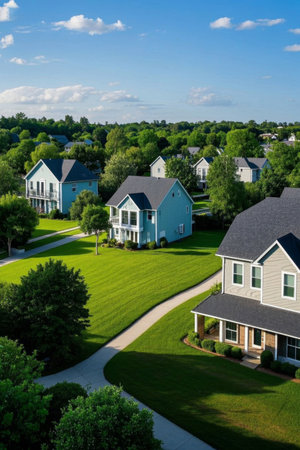 Quiet suburban residential scenery, livable community surrounded by greeneryの素材