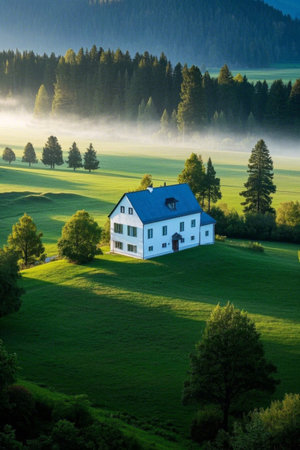 Idyllic serene huts, mist-shrouded green homesの素材
