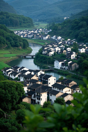 A peaceful village among mountains and rivers, a poetic dwelling of Huizhou architectureの素材