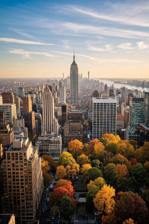 Autumn New York City skyline, golden autumn view under the edificeの素材