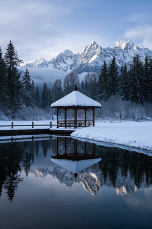 A quiet pavilion under the snow-capped mountains, a winter love song with beautiful lakes and mountainsの素材