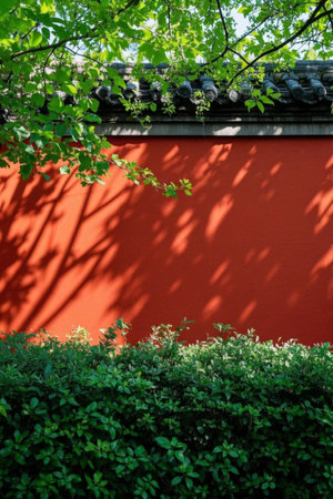 The tranquility under the cover of red walls and green trees, the ancient charm of red walls and vitalityの素材