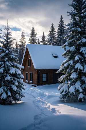 The quiet time of the cabin in the snow, the fairy-tale wooden house in the winter forestの素材