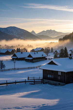 A quiet village under a snowy mountain, a winter fairy tale in the mistの素材