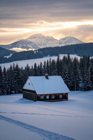 Quiet hut under a snowy mountain, winter mountain fairy taleの素材