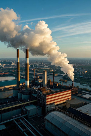 Cityscape with industrial chimneys, song of industry over the cityの素材