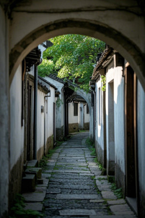 The quiet time in the Jiangnan water town, the ancient town under the archesの素材