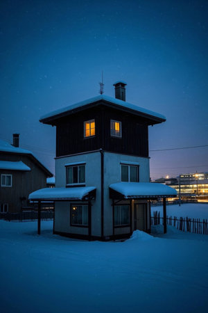 The warm light of a cabin on a snowy night, a peaceful abode under the winter starry skyの素材
