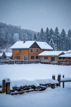 Quiet time in the countryside after the snow, wooden houses under the warm winter sunの素材