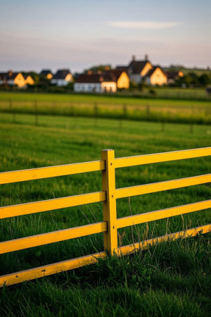 Idyllic countryside, peaceful village outside a golden fenceの素材