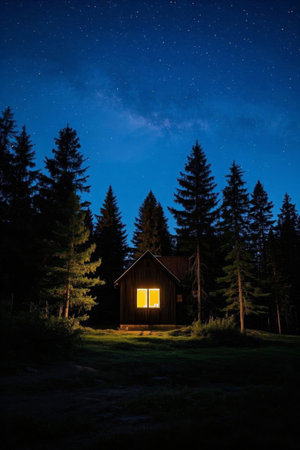 Wooden house in the forest at night with starry sky.の素材