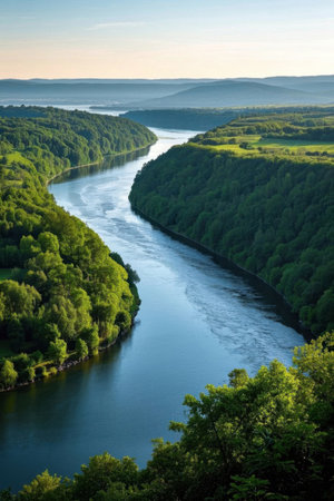 Picture of a river crossing a lush green forestの素材
