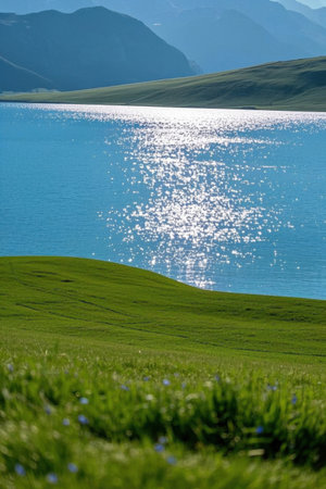 Picture of a man standing on a hill by the waterの素材