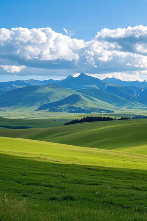 Pictures of green fields and blue sky of mountainsの素材