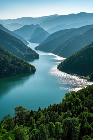 Around the lake the mountains are surrounded by trees and blue sky picturesの素材
