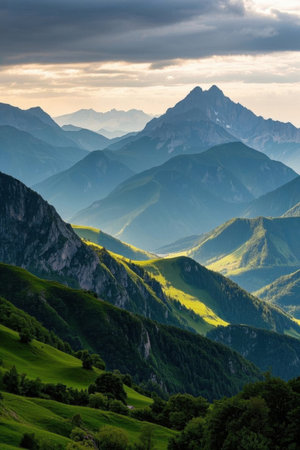 Pictures of green, grassy and wooded mountainsの素材