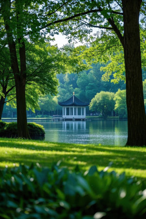 Ponds in the park with trees and bushes around gazebo picturesの素材