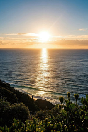 The people on the surfboard enjoy the pictures of the ocean sunset togetherの素材