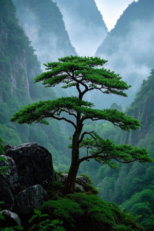Tree on a Rock Cliff A Mountain Pictureの素材