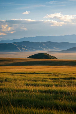 Meadow plains with mounds with mountains Picturesの素材