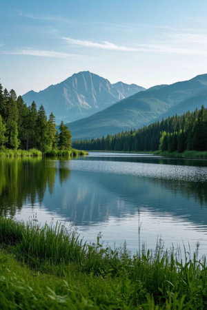Picture of mountains behind a grassy lakeの素材