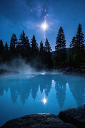 A blue pool with a picture of the bright moon in the skyの素材