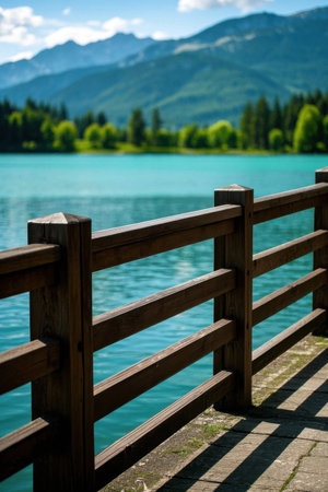 Picture of a wooden fence next to the waterの素材