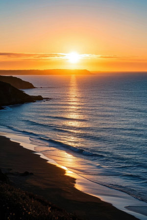 Sunsets at sea with beach and water picturesの素材