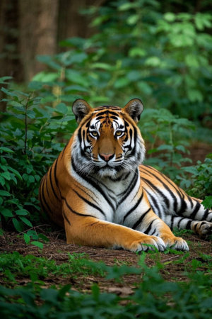 Picture of a tiger lying down in the grassの素材