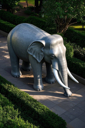 A statue picture of an elephant stands on the meadowの素材