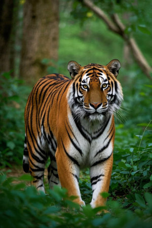 Picture of a tiger walking in the woods during the dayの素材