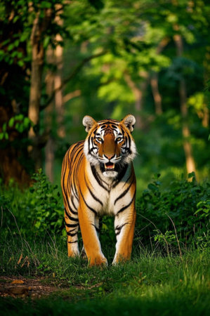 A tiger walking through the woods in the sun Pictureの素材