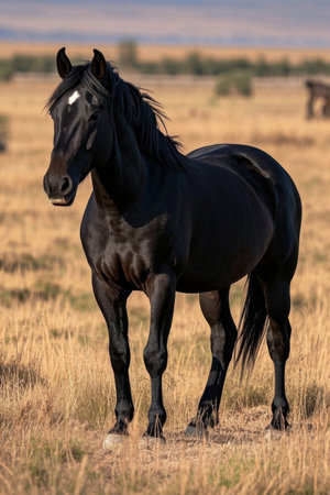 Picture of a dark horse standing on brown grassの素材