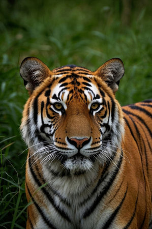 A tiger stands in the grass looking at the camera pictureの素材